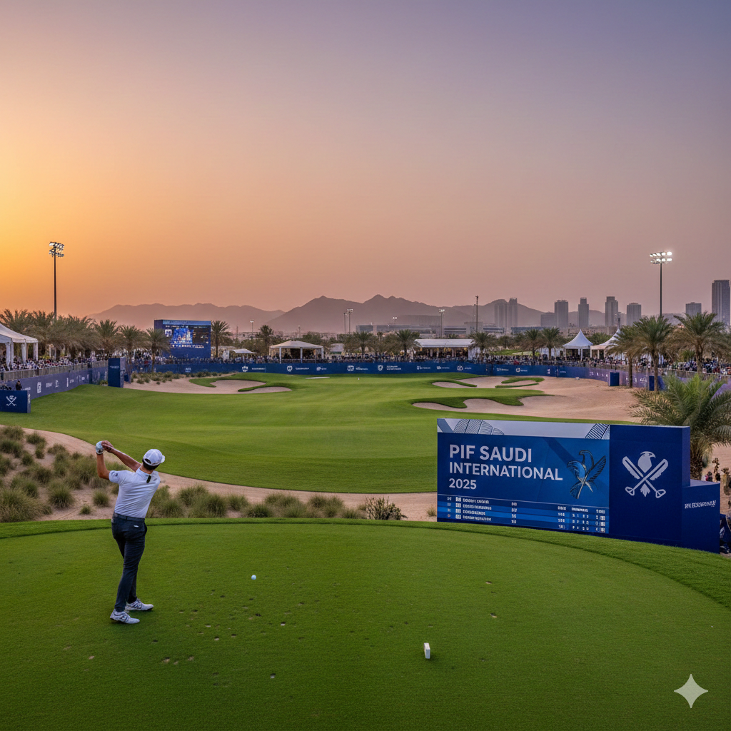 Golfer at Sunset – PIF Saudi International 2025, Riyadh (لاعب جولف عند الغروب – بطولة صندوق الاستثمارات العامة 2025، الرياض)