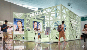 Shoppers walk past a sleek Prada Beauty pop-up in a GCC mall, featuring mint-green lattice walls, large perfume campaign screens and staff assisting customers at the central counter. متسوقون يمرون بجانب متجر برادا بيوتي المؤقت داخل مركز تجاري في الخليج، يتميز بجدران شبكية باللون الأخضر النعناعي، وشاشات عرض ضخمة لحملات العطور، وموظفين يساعدون الزوار عند المنضدة المركزية.
