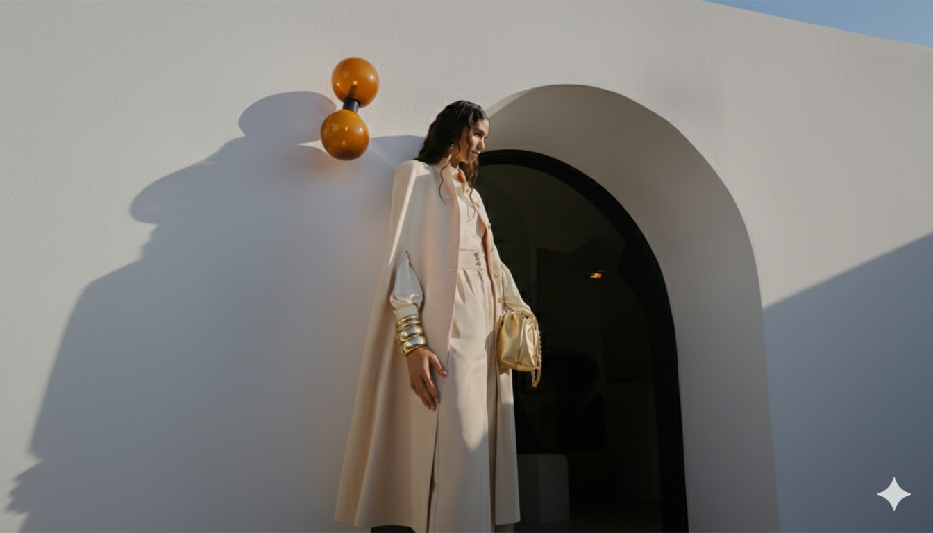 A model in a flowing cream modest outfit and cape, styled with gold bangles and a metallic handbag, stands in the arched entrance of a minimalist white building, lit by warm afternoon sun. عارضة ترتدي زيًا محتشمًا بلون كريمي مع كاب أنيق، مزين بأساور ذهبية وحقيبة يد معدنية، تقف عند مدخل مقوس لمبنى أبيض بتصميم بسيط، مضاء بضوء الشمس الدافئة في فترة ما بعد الظهيرة.