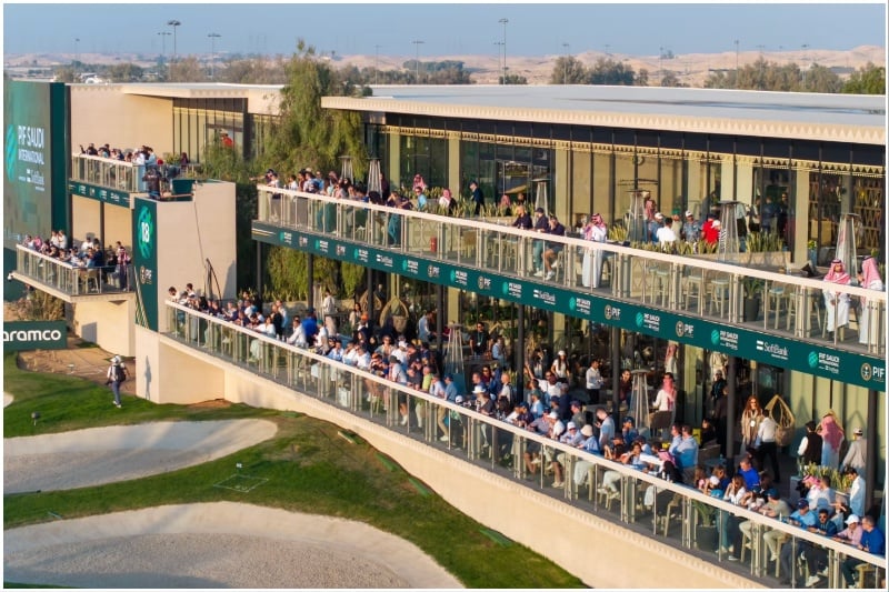 VIP hospitality terrace packed with spectators overlooking the 18th green during the PIF Saudi International golf tournament in Riyadh