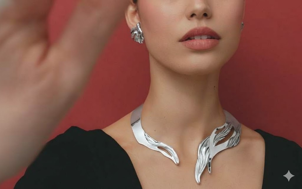 Close-up of Model Wearing Sculptural Silver Jewelry (لقطة مقرّبة لعارضة ترتدي مجوهرات فضية فنية)