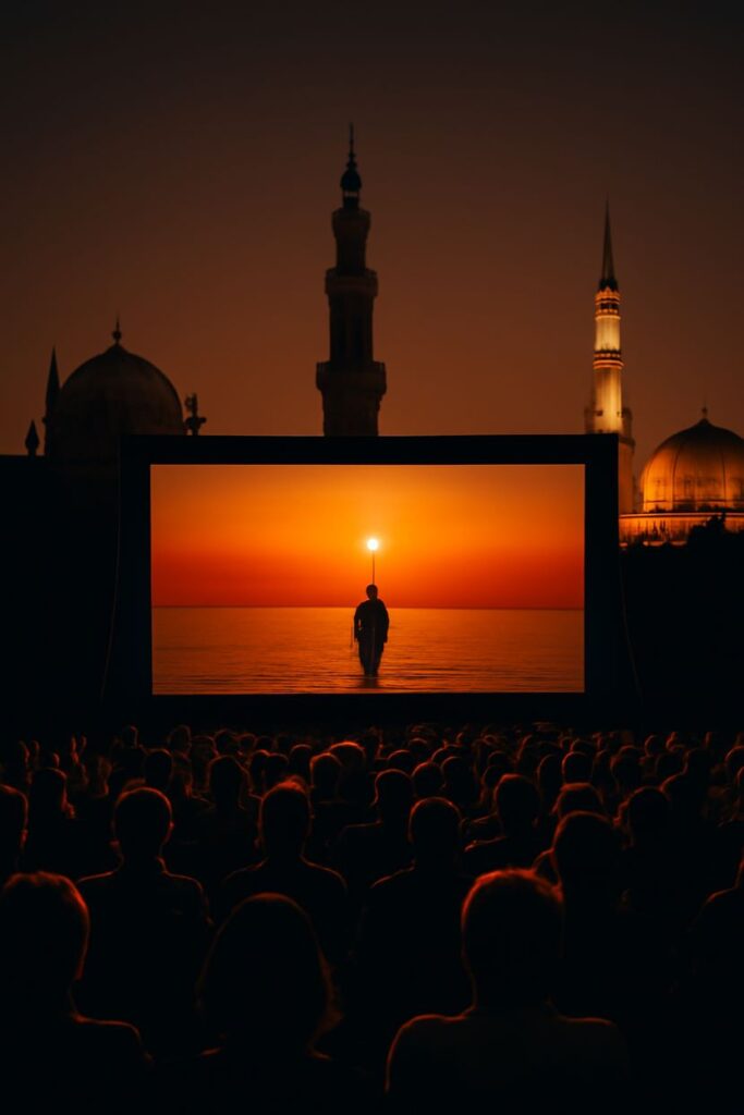 Crowd watching an outdoor cinema screen showing a sunset scene over the sea, framed by mosque domes and minarets glowing at dusk in the Middle East