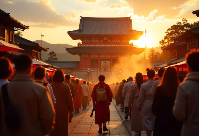 Sunset at Japan Festival Riyadh – Shrine & Crowd (غروب الشمس في مهرجان اليابان بالرياض – مزار وجمهور)