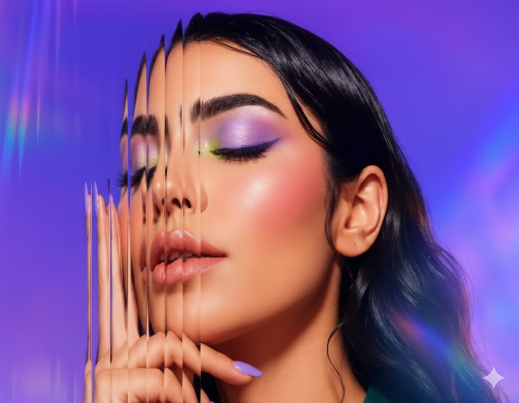 Close-up beauty shot of a woman with bold purple eyeshadow and glowing skin, key visual artwork for Jeddah Beauty Week 2025