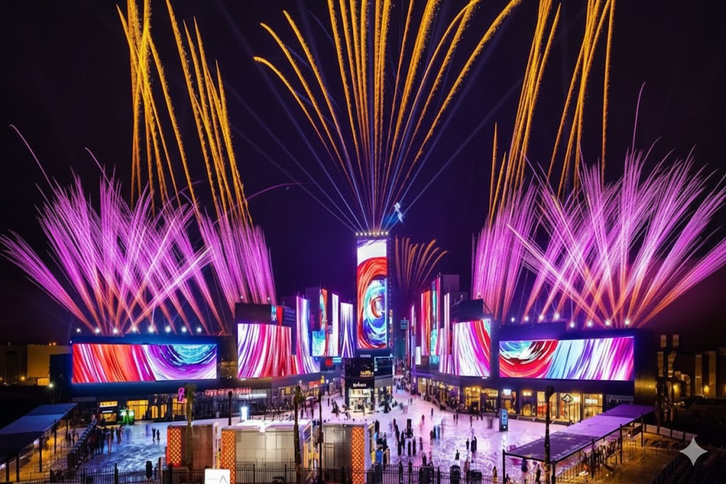 Riyadh Season Boulevard at Night – Fireworks & Crowds (بوليفارد موسم الرياض ليلاً – ألعاب نارية وجماهير)