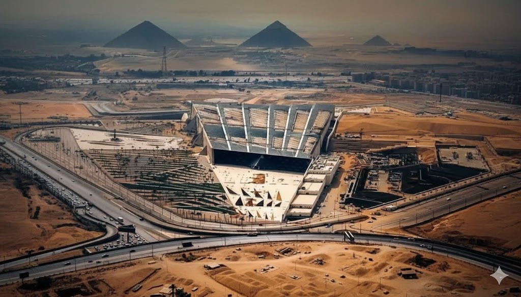 Aerial View – Grand Egyptian Museum and Pyramids, Giza (منظر جوي – المتحف المصري الكبير والأهرامات، الجيزة)