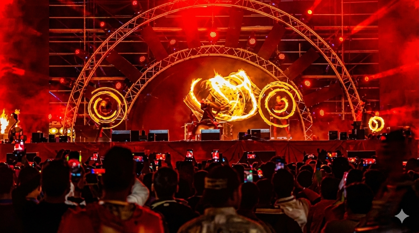 Fire performers on stage during a large-scale live cultural event, with flames, lighting rigs, and a crowd recording the show.