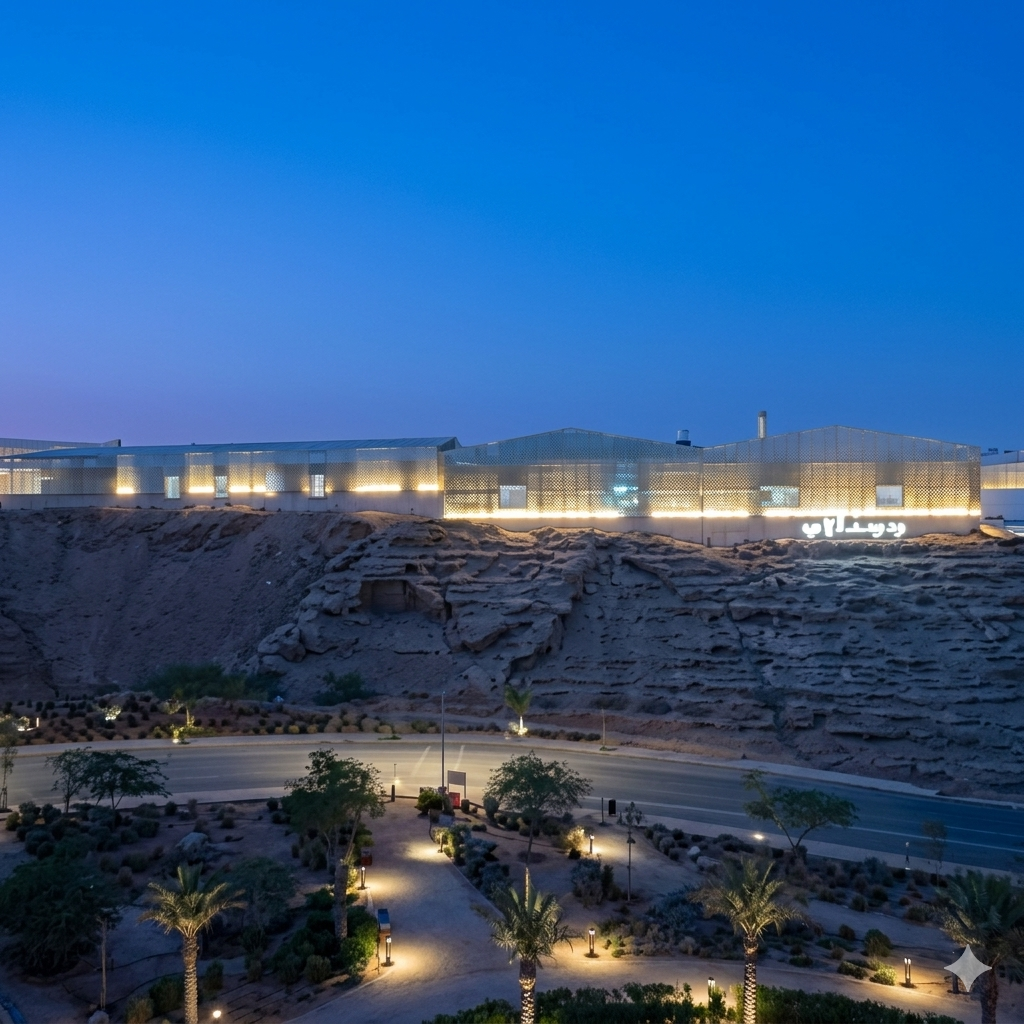 Illuminated desert resort built into rocky terrain at dusk, with modern architecture glowing against the surrounding mountains and winding roads below.