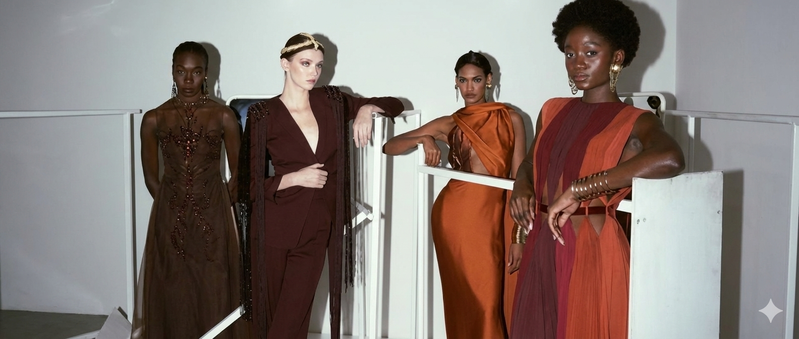 Models presenting contemporary fashion designs in earthy tones during a studio-style fashion showcase.