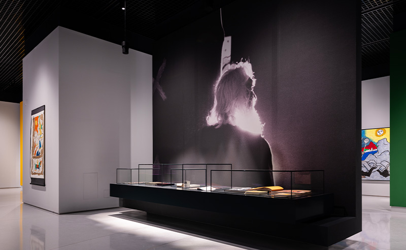 Museum gallery displaying framed artworks and a large video projection behind glass display cases.