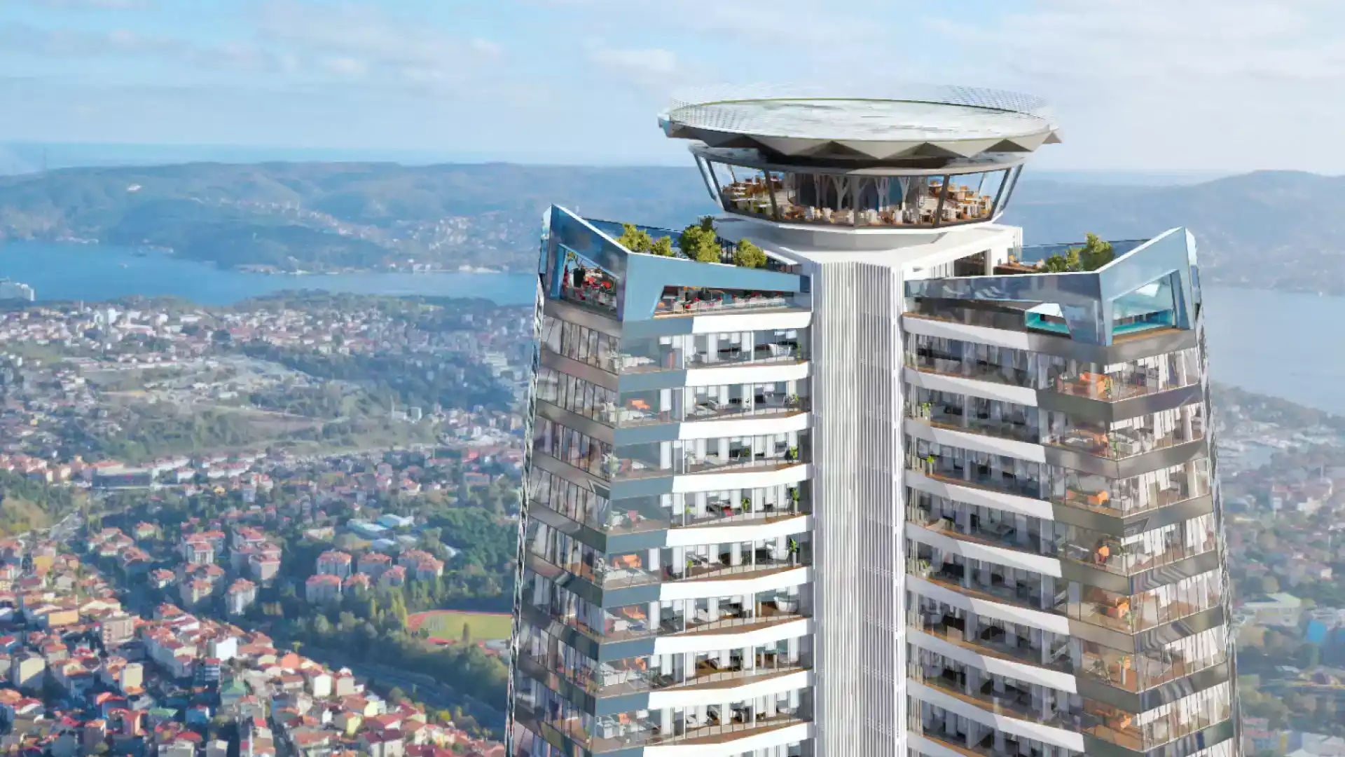 Exterior view of a modern high-rise residential tower with terraces overlooking a city and waterfront landscape