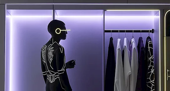 Futuristic retail scene showing a human-like figure in a glowing headset standing beside a backlit wardrobe rail with luxury clothing, lit in purple neon.
