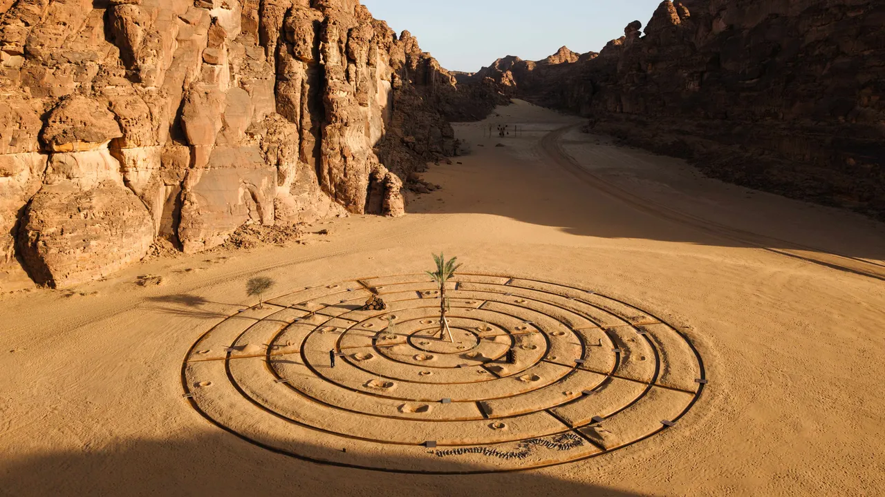 Desert X AlUla 2026: Dates, Tickets, Locations, and What to Expect 1 1 Aerial view of a circular land artwork traced into desert sand, with concentric rings and a small cluster of palm trees at the center, surrounded by towering rock formations.