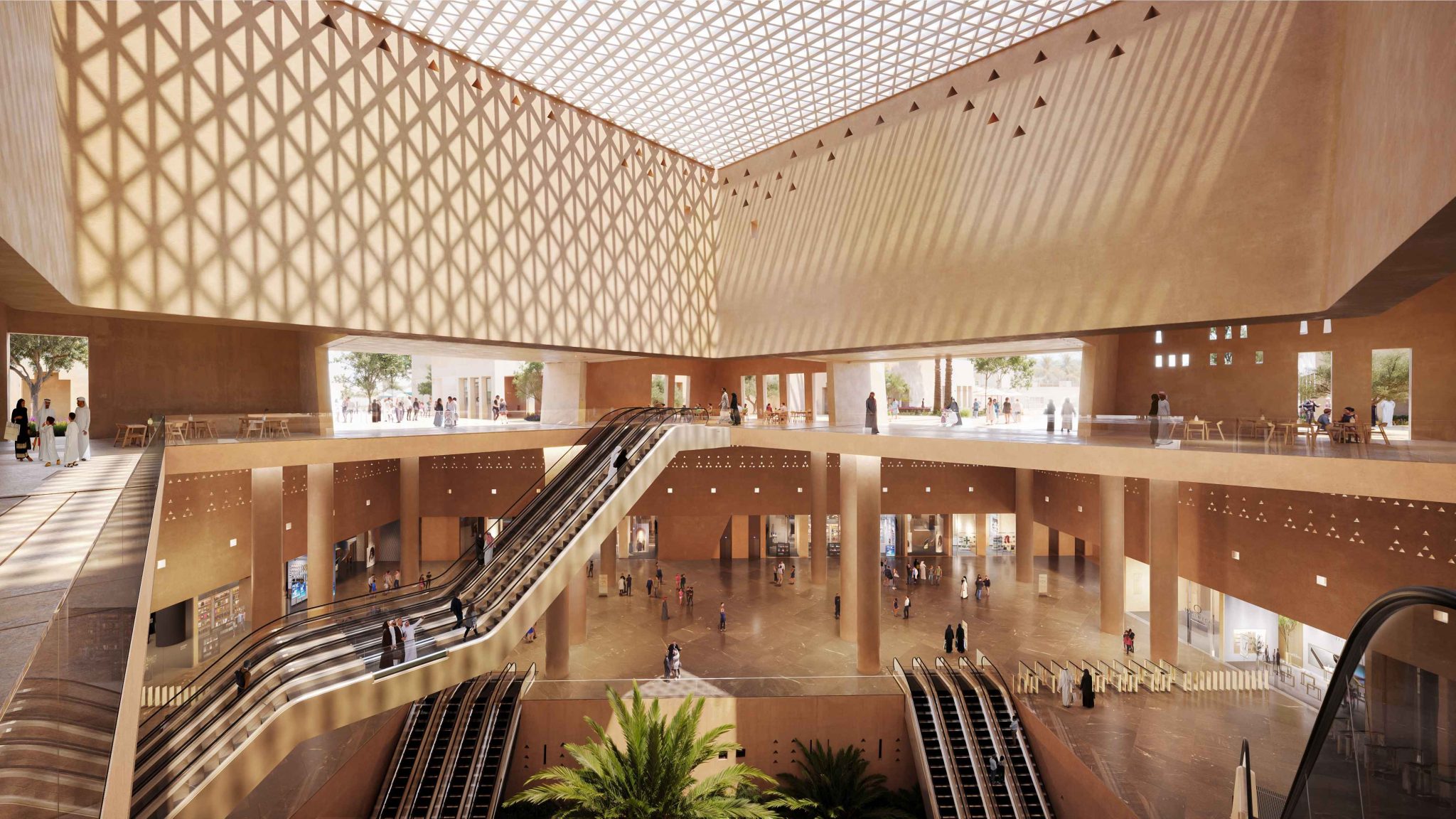 Spacious Riyadh metro station atrium with a patterned skylight casting geometric shadows, wide escalators, and people moving through warm sand-toned concourses and retail areas.