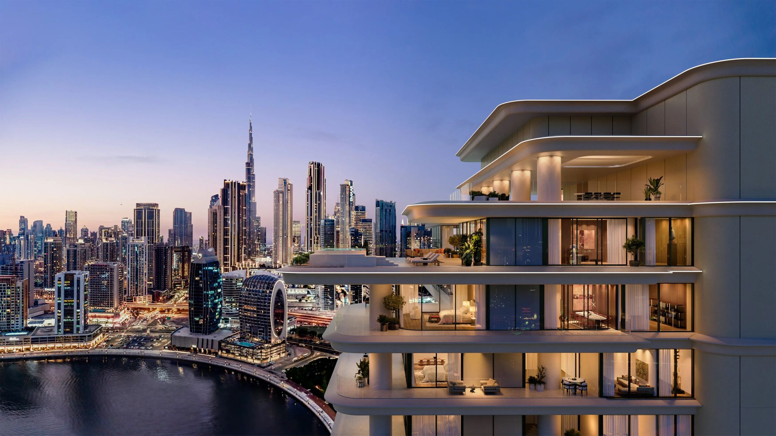 Ultra-luxury waterfront penthouse with sweeping terraces and floor-to-ceiling glass overlooking Dubai’s skyline at dusk, with the Burj Khalifa visible in the distance.