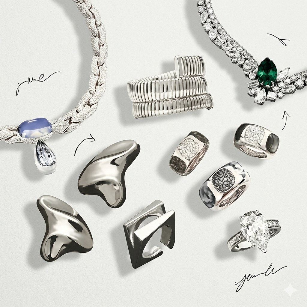 Alt text: Assorted luxury silver and diamond jewelry pieces arranged on a soft neutral background, including sculptural rings, a coiled bracelet, and statement necklaces with blue, green, and clear gemstones
