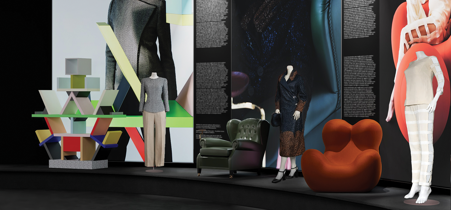 Fashion and design exhibition display featuring sculptural furniture, mannequins, garments, and bold visual installations exploring the dialogue between Italian design, craftsmanship, and cultural heritage
