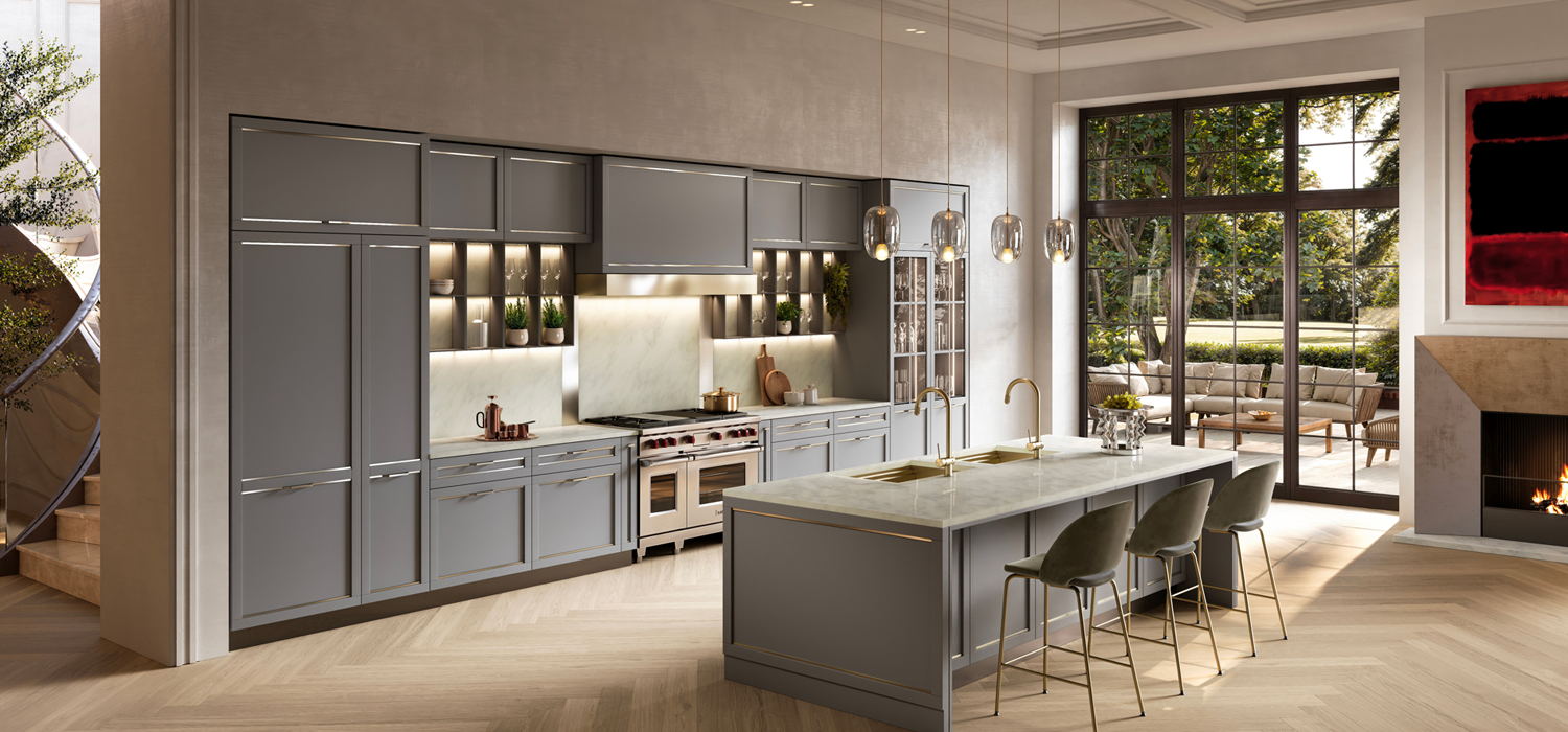 Luxury contemporary kitchen interior by Febal Casa, featuring grey cabinetry, marble island, warm lighting, open glass doors, and elegant indoor-outdoor living design.